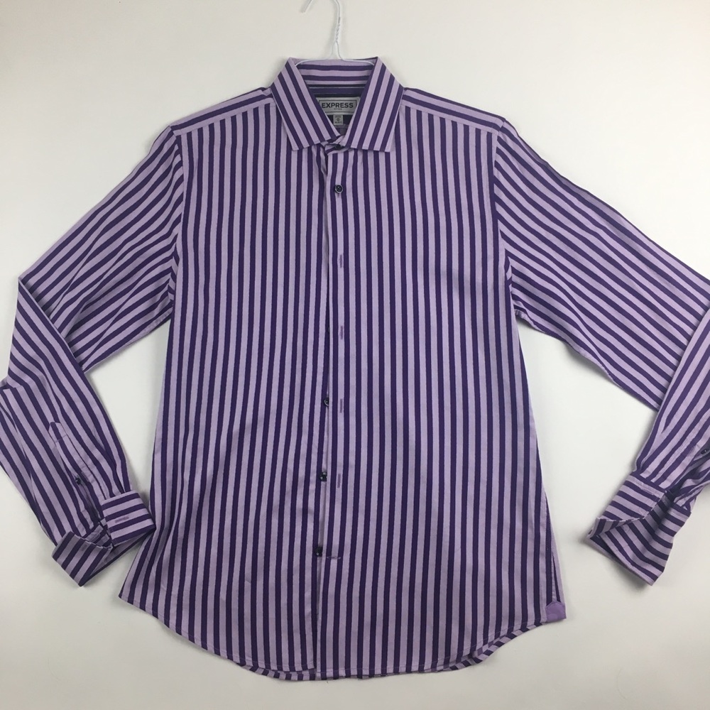 Express Mens Fitted Long Sleeve Purple Striped Button Front Shirt (M) 15 -15 1/2